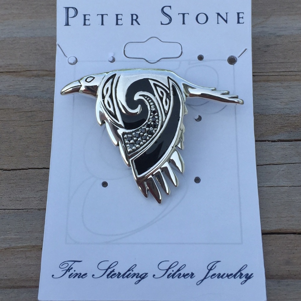 Raven in Flight Pendant .925 Sterling Silver w/ Black CZ and enamel Peter Stone